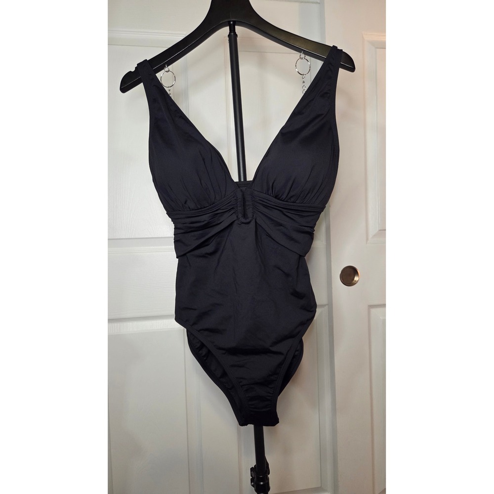 Bleu Rod Beattie Womens Black One Piece Swimsuit V-Neck Ruched RBKK25776 Size 10